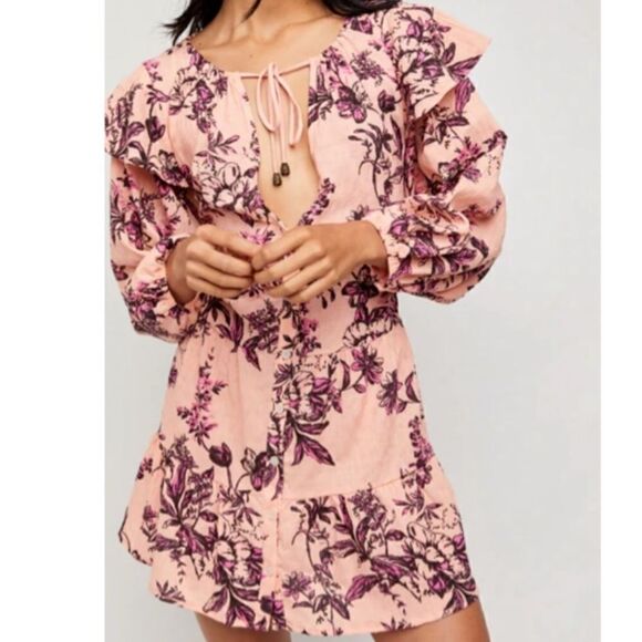 Free People Sunbaked Mini Dress Peach Combo XSmall Pink Purple Floral Mini - Picture 2 of 6